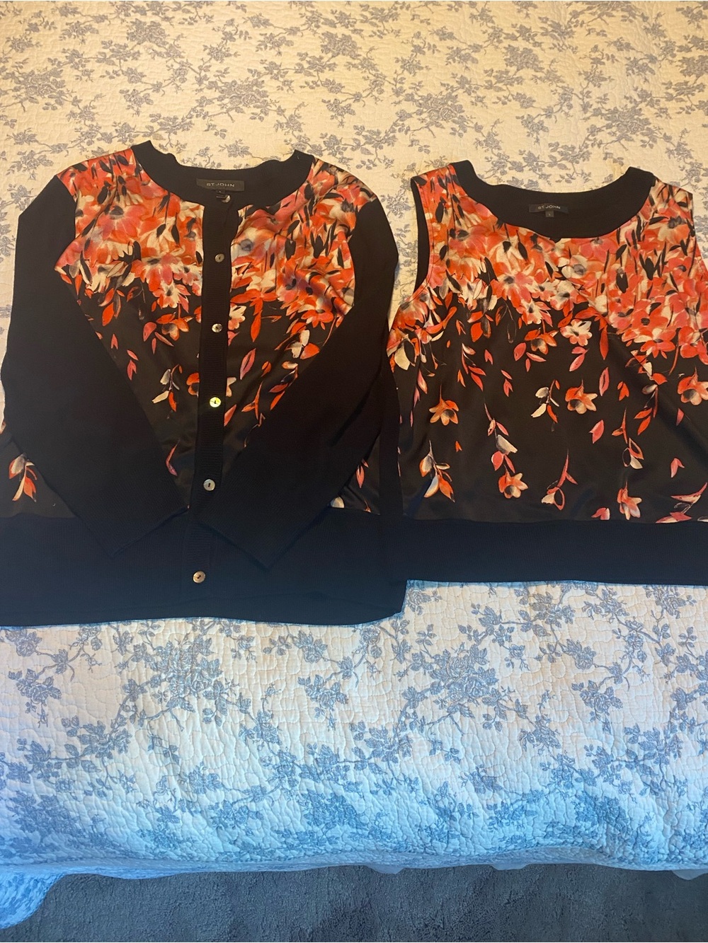 St. John Silk Cashmere Wool Twinset Cardigan Tank Set Midnight Geranium Size L